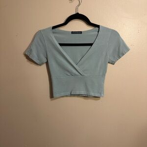 Brandy Melville Light Blue Wrap Style Crop Top, Short Sleeve, Stretch Cotton